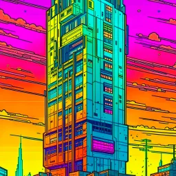 cyberpunk retro futuristic for comics skyscraper from far away