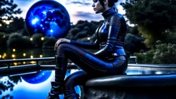 fantasy photo of a woman with black hair, sitting on a ledge over a pond, wearing an android-looking catsuit, sideways, with a planet behind her head