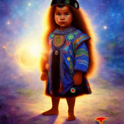 subtle indigenous child in a galactic ambiance, light, sun