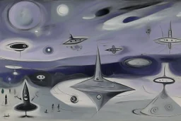 A grayish violet outer space with UFOs painted by Pablo Picasso