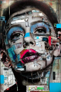 Ultra detailed medium portrait painting of a beautiful abused woman, she is crying and upset, masking tape on her mouth, blue brushed eye, chaos background,torn up collage of clippings, broken circuitry background, matrix effects, punk visual art, punk art aesthetic, graffiti art, pop surrealism, collage art, cluttered paint glitches