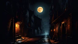 A dark form stands at the end of a dark alley, eyes glinting softly, in a dark city at night under a large, amber moon, cel-shaded, hyperrealistic, ultra-detailed digital illustration, deep, dark colors, color sketches, horror art, moody, atmospheric, claustrophobic, sharp focus, liminal spaces, illuminated.