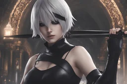 Hot 2B with blindfold eye in 8k nier automata artstyle, blind them, 2B Custom, blindfold, close picture, rain, fantasy world, intricate details, highly detailed, high details, detailed portrait, masterpiece,ultra detailed, ultra quality