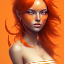 A beautiful portrait of a cute woman orange color scheme, high key lighting, volumetric light high details with white stripes and feathers and celtic paterns