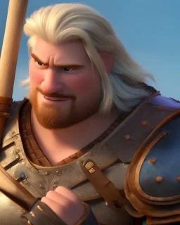 strong medieval warrior with short blond hair, blue eyes and wide warm smile with an axe with green and brown clothes