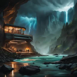 inside a cyberpunk outpost, windows reveal cliffs and a stormy river rapids below, nighttime storms