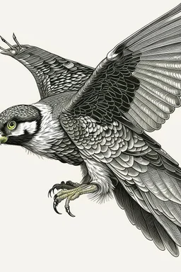 "Create an AI line art piece featuring the Peregrine Falcon, half body short, front short, one of nature's fastest and most agile predators. Capture the bird in flight, showcasing its incredible speed and grace. Highlight the intricate details of its feathers and the intensity in its eyes, embodying the essence of this magnificent raptor."