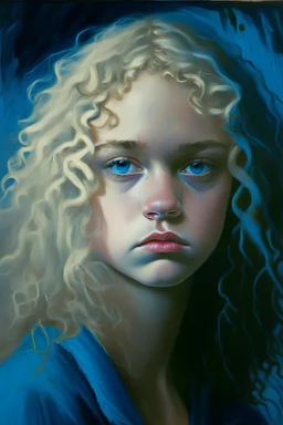 moody teen girl with bobbed blonde curly hair blue eyes impressionist painting