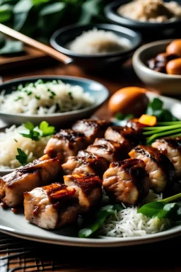 A plate of pork BBQ skewers with a side of garlic rice and atchara (pickled papaya).