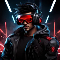 Attractive young male Latino cyberpunk hacker, red shades, targeting glasses, elaborate headgear, cybernetic enhancements, smiling, intense and focused, post-apocalyptic background, dark eyeshadow, bangs hairstyle, anime style, video game character, unreal engine, trending artstation, trending deviantart