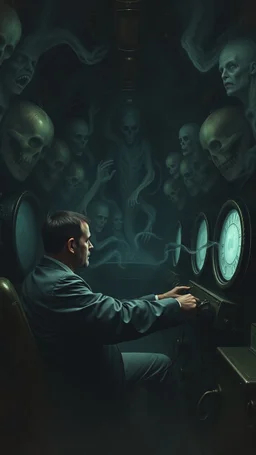 Man controls inside a dark submarine in a delusional state haunted by ghostly images, paint it in the baroque style, as if the man is horrified
