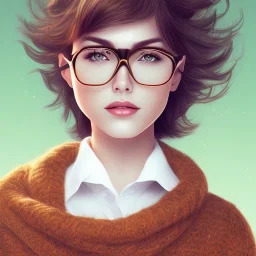 Woman, short brown hair, glasses, book in the hand, green sweater, beautiful face