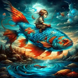 dreamlike, Esao Andrews-esque scene where a barefoot boy in tattered overalls rides atop a colossal, iridescent koi fish through a surreal twilight lagoon, his arms wrapped around the fish's sleek, glistening body as if it were a trusty steed. The fish's scales shimmer with impossible huespearlescent blues melting into burnt orangeswhile its fins fan out like delicate silk banners torn from some celestial tapestry. Around them, the water refracts into liquid prisms, distorting reflections of gna