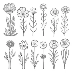 set of grow wind flower bouqute, SIMPLE ONE lineS art, white background, minimalis, different view, only white bakcground solid.