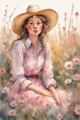 P: a young old-time cowgirl sitting in wildflowers and tall grasses, peaceful vision, wisps of hair around her face, straw hat, pink floral dress, muted colors, soft watercolor