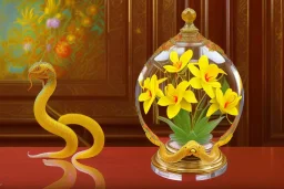 1512857901 hypersigil photograph of a beautiful yellow and red orchid in a clear glass rococo inspired vase on a mirrored deco themed end table in a shadowy corner of a nouveau era room with wood paneling in the style of Robert maplethorpe, tropical birds, lizards, snakes, insects, gorgeous, shamanic, ethereal, photorealistic, embellishments, long shot, wide shot, dof, deep focus, 3d render