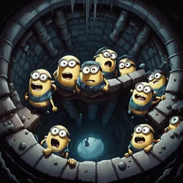 From the perspective of the bottom of a well, creepy Minions looking over the edge down at you, by Mark Brooks, dark bright colors.