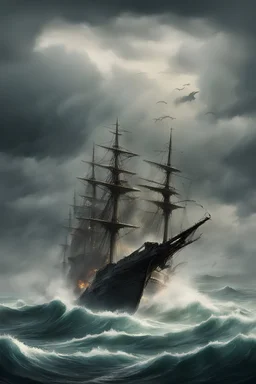 A view of the high seas. harsh weather. forces of destruction. with ships of cutthroats