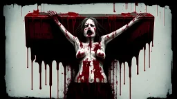 a gross woman covered in blood holding up a black rectangular box