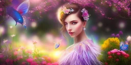 bright fairy, beautiful portrait, flowery landscape