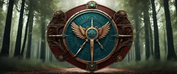 High-end hyperrealism symmetrical Steampunk ((logo ARD)), swords and shield symmetry, placed 20 metres away from the camera, inspired cinematic photography, symmetry forest alley background, Aesthetic combination of sage green and blue metallic and honey red, Vintage style with brown pure leather accents, Art Nouveau visuals with Octane Render 3D tech, Ultra-High-Definition (UHD) cinematic character rendering, Detailed close-ups capturing intricate beauty, Aim for hyper-detailed 8K