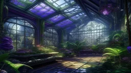 Nestled in the heart of a greenhouse, a room thrives around popcorn plants, adorned with superstructure plates, glass, big pipes, fungus trees, and hues of purple and black. The vibrant greenery and metallic elements meld seamlessly in this breathtaking scene, hinting at a futuristic botanical paradise. Through the use of intricate details and rich colors, this mesmerizing image, whether a painting or a photograph, captures the essence of harmonious coexistence between nature and technology in s