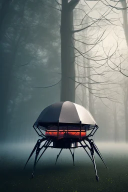 tent with a huge spider inside,lake, fog, 8k, trending art, depth of field