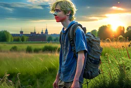 A detailed photo of a scruffy fifteen year old boy wearing a backpack standing in a field with an abandoned city skyline in the background, shaggy blond hair, wearing short sleeves and shorts, sunset, tall grass, bright colours, baste landscape, cinematic photography, high resolution, high quality, highly detailed.