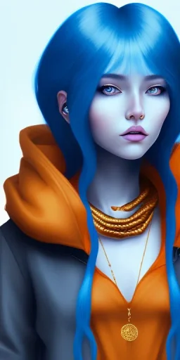 human kingfisher girl with blue hair and orange strand of hair wearing a blue winter coat and a gold necklace