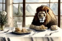 Lion sitting at a table eating garlic and drinking milk. Highly detailed, smooth colours, realistic landscape. Aquarell