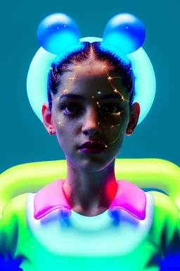 Rosalía artist, Realistic image, natural waist up portrait, perfect eyes, glow, circle iris, eye liner. pigtails hair, spray line make up, glow. lips, gold. big rings piercing, led ornament, pearls. coat, latex, inflatable, hot, led lights, minimal, neon, pink, blue, gold, vibrant color, highly detailed, art stations, concept art, smooth, unreal engine 5, god lights, ray tracing, RTX, lumen lighting, ultra detail, volumetric lighting, 3d, finely drawn, high definition, 4k.