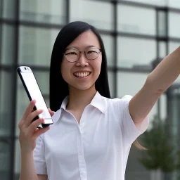 A short haired, Japanese-American female software engineer from UC Berkeley taking a selfie in front of Building 92 at Microsoft in Redmond, Washington