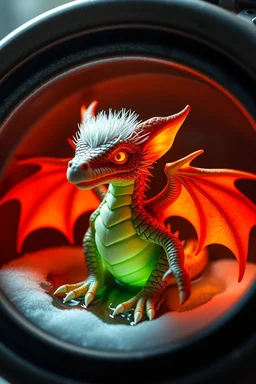 The image depicts a fantastical gremlin duck snow soup, specifically a dragon with neon flash aura, with a unique and whimsical appearance. The dragon is positioned in a circular frame, which suggests it might be inside a container or a vessel. The dragon's body is elongated and has a segmented appearance, with a detailed texture that gives it a realistic look. Its head is covered with white, spiky hair, adding to its fantastical charm. The dragon's wings are large and spread out, with orange