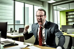 corporate man in office i screaming at employees. Swedish looks. Sign with the text "ICA" in red letters in the background.