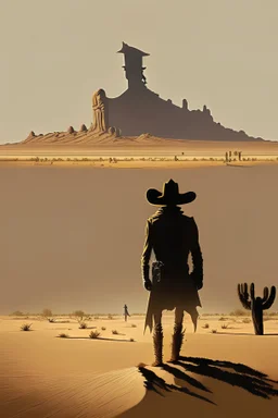 a desert with a shadow cowboy looking towards the distance back view illustrative
