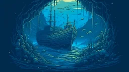 A dark blue underwater abyss with a shipwreck in Surrealism art style