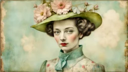 Mixed media portrait of a whimsical woman in vintage spring clothing, styled by Catherine Welz-Stein, MINIMAL DESIGN, 200 encaustic stylization