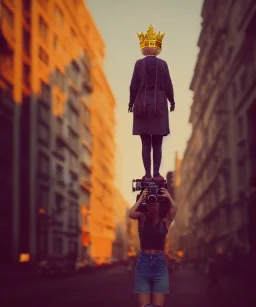 Statue of Queen of photography. Cute blonde woman. Photographer in golden crown. Standing on the street. Big camera in her hand. hyperdetailed, photorealistic, trending on artstation, greg rutkowski, beksinski, kodachrome, lomography, golden hour, bokeh, volumetric light