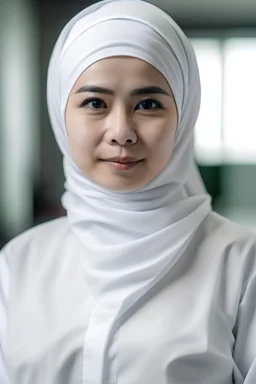 A malaysian nurse in white uniform and white headscarf