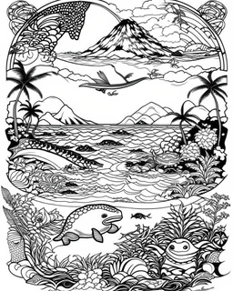 coloring pages for kids, Pacific island shaped Japanese ink painting, muted colors, including Dark black highlights to draw attention , rice paper texture, splashed paint, tropical beach, paradise, sea turtles, yellow sun, a Polynesian warrior , Art drawing ; ink , super detailed, text a the bottom “Tonga”, anime cartoon style, thick lines, low detail, black and white, no shading, --ar 85:110