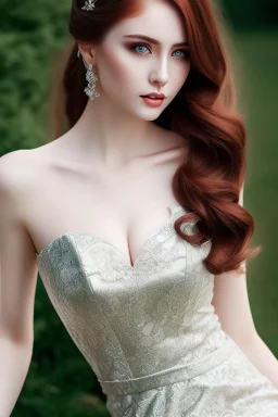 full shot body of very beautiful Woman with pale skin makeup , green eyes, long auburn hair, high fashion sexy silver dark gray lace dress , country side ,river ,country houses ,sharp focus.