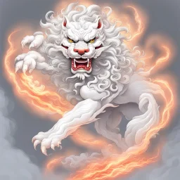 foo dog with curly white fur, smokey breath and fire, a long tail, moving forward towards viewer, wrapped in smoke