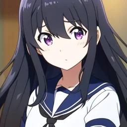 Clear focus, High resolution, long black fluffy hair, long locks, chopped bangs, purple eyes, wearing a sailor uniform, (solo), anime screencap