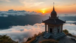 A quiet, ancient temple on a mountainside at sunrise, surrounded by clouds and overlooking a peaceful valley. Photographic quality and detail, award-winning image, beautiful composition.