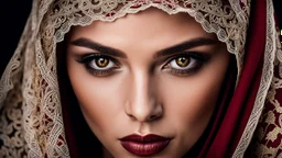 A woman with striking golden-brown eyes, which are partially concealed by a dark red headscarf. Her shyly looking into the camera. The combination of her lace veil headscarf and beautiful eyes creates an intriguing and visually appealing scene, highly detailed, high contrast, perfect lights, masterpiece