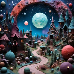 Detailed creepy landscape made of modeling clay, people, village, stars and planets, Roger Dean, naïve, Tim Burton, strong texture, Ernst Haekel, extreme detail, Max Ernst, decal, rich moody colors, sparkles, bokeh, odd, giant boy as a background
