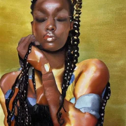 4K painting of young black woman doing her hair. Dreadlocs. Bantu knots.