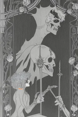 A shadowed hand holds a highly detailed, hand drawn skull, anatomically correct, with a crown hovering above, representation of Hamlet by John Austen, in the Aubrey Beardsley style, inspired by the gothic, macabre and fantastical, highly aesthetic, art nouveau design with striking black-and-white illustrations with hints of Red, Beardsleyesque, high quality, modern classical art, Hamlet Skull