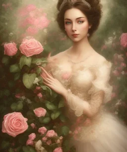 portrait borders head Princess with great bobs long hairs black eyes no top with roses