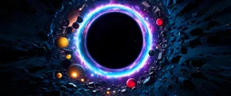 A solar system tightly orbiting a black hole, destruction, terror, ripping apart, colorful, dark, ominous, beautiful abyss, vivid, 8k 3d, vray, highly detailed matte painting, action, concept art, phoptorealistic, dozens of brightly lit rings of destroyed orbiting bodies, perfect circles purples, reds, black, yellow and orange, brilliant, vivid,